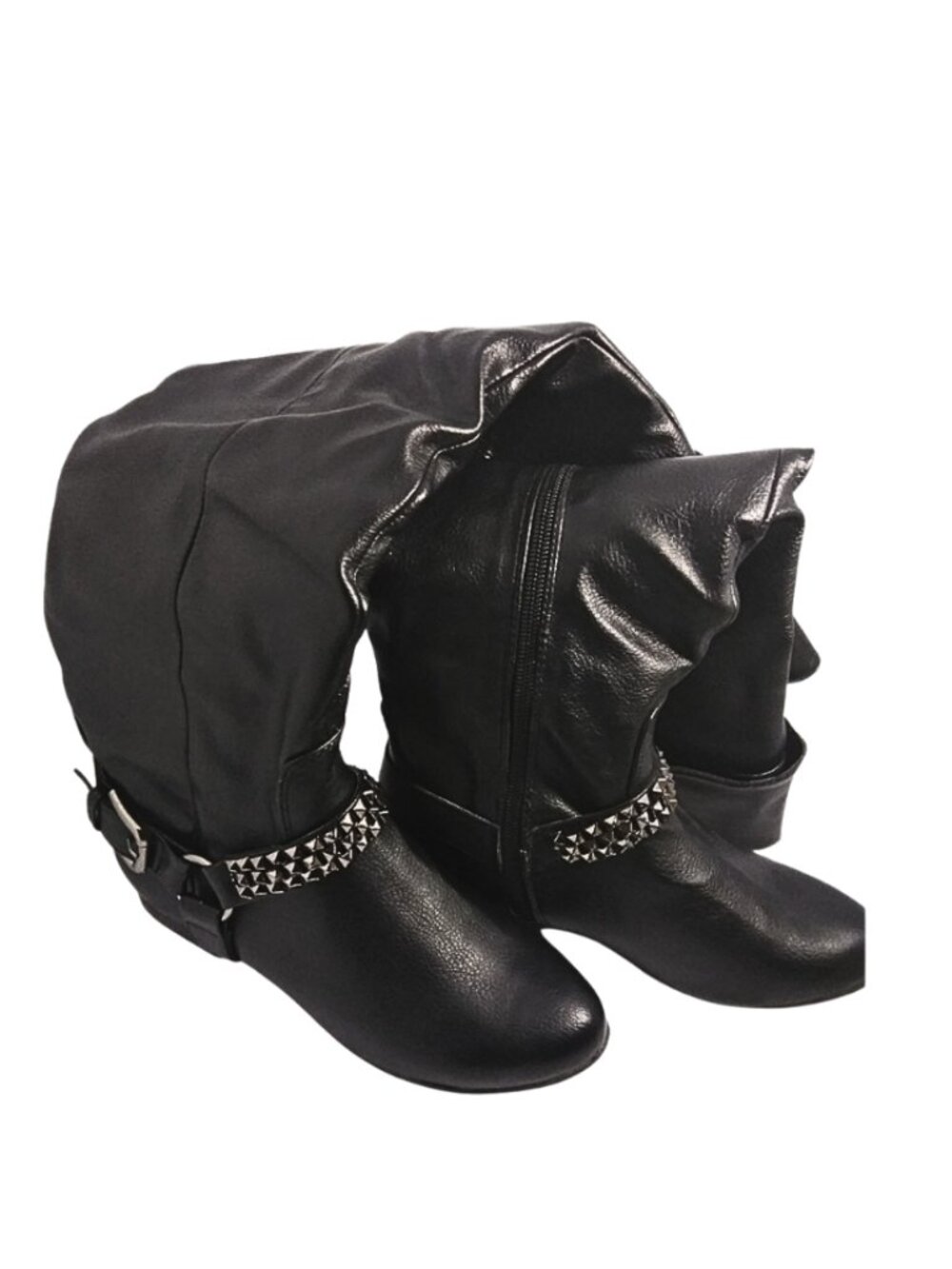 Vangelo Women’s Black Studded Knee High Boots Buckle Side Zip Size 5.5 New0